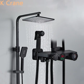 LED Digitálne Sprcha Systém Kúpeľňa, Termostatické Sprchové Nastaviť na Stenu SPA Zrážok Vaňa Kohútik Námestie Hlavu Moderné Medi Klepnite