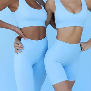 Letné dámske športové oblečenie vyhovovali sexy pupok top podprsenka šortky jogy fitness jogging športové vyhovovali 2-dielna sada