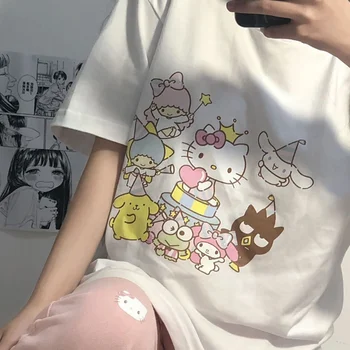 Letné Kawaii Oblečenie Mäkké Dievča Sanrio Japonský Roztomilý Kreslený ahoj Kitty Tlač Voľné Krátke Sleeve T-shirt Ženy Jk Študent Topy