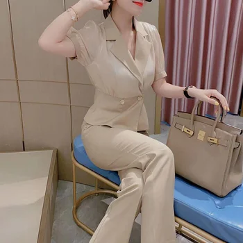 Letné Marhuľový Professional Slim Krátky Oblek Veku Zníženie Rovné Nohavice Dvoch Kus Zhodné Sady Pre Ženy Kórejský Kancelárske Vybavenie