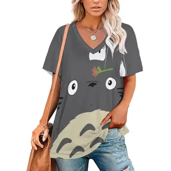 Letné Nové Totoro 3D Tlač Roztomilý Kreslený T-shirts Ženy Streetwear V-Neck T Shirt Y2k Harajuku Nadrozmerné Topy Tees Žena Oblečenie