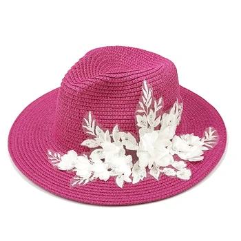 Letné slamený klobúk vyšívané troch-dimenzionální kvet žien jazz klobúk cirkvi módny a elegantný svadobný klobúk beach sun hat