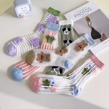 Letné Ultra-tenký Priehľadný Kryštál Hodváb Ponožky Ženy Sexy Čipka Oka Nylon Dlhé Ponožky Cartoon Zvieratá Dievčatá Roztomilé Ponožky Japonskej
