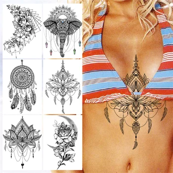 Lotosový Kvet Henna Dočasné Tetovanie Pre Ženy, Dievčatá A Tribal Dreamcatcher Tetovanie Nálepky Black Falošný Šperky Slon Tatoos Hrudníka