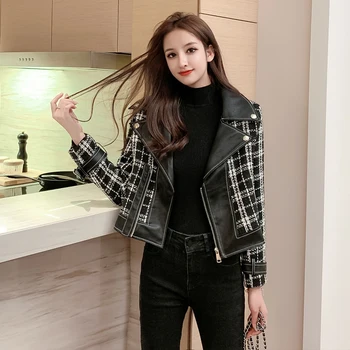 Malé voňavé tweed šitie PU kožené pekný kórejský bunda na motocykel bunda dámske trend