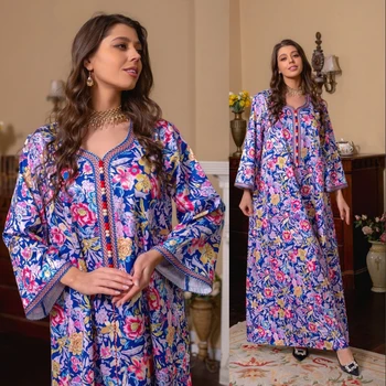 Marocký Etnických Ženy Moslimských Abaya Dlhé Šaty Kvetinový Tlač Kaftan Islamskej Jalabiya Šaty Voľné Žena Vestidos Ramadánu Oblečenie
