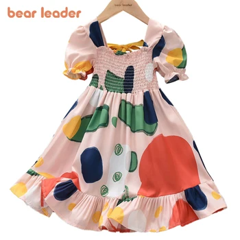 Medveď Leader Deti Girl Šaty 2023 Nové Letné Kvetinové Colorblock Pokrčené Kravatu Šaty Bežné Sukne Kórejský Batoľa Dievča Oblečenie