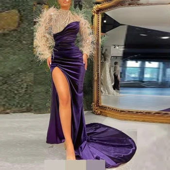 Moderné Pierko Čipky Dlhé Rukávy Večerné Šaty Purple Velúrové Morská Víla Šaty Ples Saudská Arábia Sexy Vysoká Rozdeliť Party Šaty