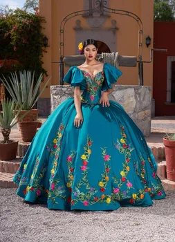 Modrá Charro Quinceanera Šaty Plesové Šaty Ramena Appliques Korálkové Opuchnuté Mexickej Sweet 16 Šaty 15 Anos