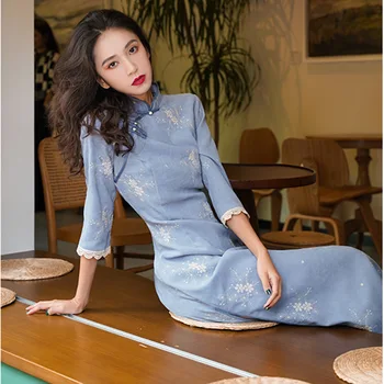 Modrá lepšiu cheongsam žien Semiš jar roku 2022 nová móda mladých temperament retro stredne dlhé šaty