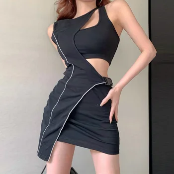 Móda Nepravidelný Sexy Duté Z Mini Bodycon Šaty Letné Harajuku Bez Rukávov Tesný Klub Party Oblečenie Pre Ženy Čierne Šaty