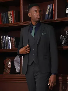 Módne Oblečenie, Čierne Svadobné Mužov Tuxedos Slim Fit Dve Tlačidlo Prom Vyhovuje Muž Strany Sako Oblek (Sako+Vesta+Nohavice) Mužský Oblek