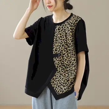 Nadrozmerné T Košele Ženy, Módny Dizajn Leopard Patchwork T-shirt Príležitostné Voľné Tenký, Krátky Rukáv Top Leto Trend Split Tričko