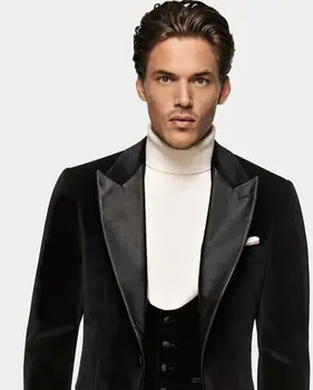 Najnovšie Dizajn, Svadobné Obleky pre Mužov Šatkou Golier 3 Kusy (Bunda+Nohavice+Vesta) Slim Fit Black Suit Mens Smoking Bunda