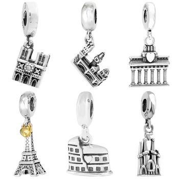 Notre Dame Rímske Koloseum Eiffelova Veža Brandenburská Brána Prívesok Perličiek 925 Sterling Silver Kúzlo Fit Európe Náramok DIY Šperky