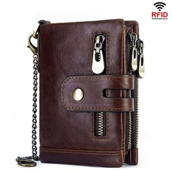 Nové módne cowhide RFID anti-theft kožené peňaženky originálne kožené pánske peňaženky, pánske peniaze v hotovosti krátke kabelku s železné reťaze