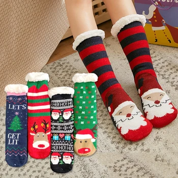 Nové Módne Vianoce Tlač Poschodí Ponožky Ženy Hrubé Zimné Oblečenie Bavlnené Ponožky Teplé Non-slip Nový Rok Darček Cartoon Koberec Ponožky