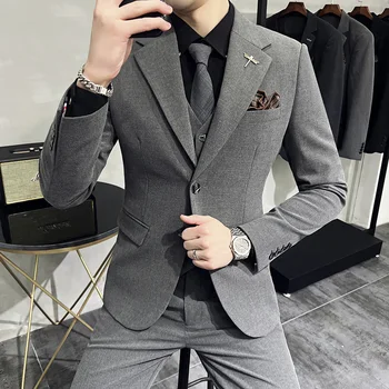 Nový (Sako+ Vesta + Nohavice) pánskej Módy Business Gentleman Bežné kórejská Verzia Slim Svadobné Šaty, Spoločenské 3-dielna Sada S-7XL