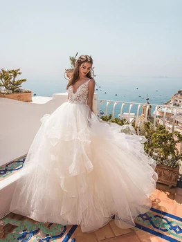 Nádherné Mimo Biele Svadobné Šaty Pre Ženy Čipky 3D Kvet V krku Tylu Svadobné Šaty na Zákazku Plus Veľkosť Vestido De Novia