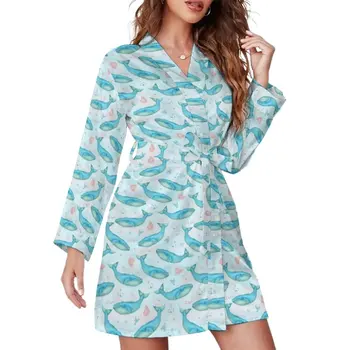 Námorné Ocean Beach Pajama Župan V Krku Modrá Veľryba Sexy Šaty Žien Long-Sleeve Estetické Sleepwear Tlač Pyžamo Rúcha