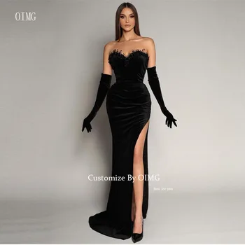 OIMG Morská víla Black Velvet Večerné Šaty Milú, Korálky, Perly Split Perly Dubaj arabčina 2023 Prom Šaty Formálne Party Šaty