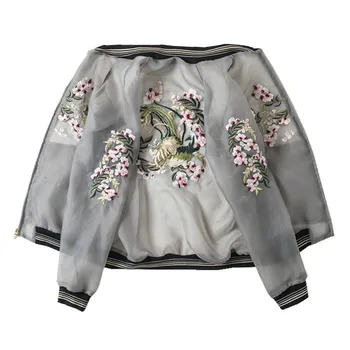 Organza Vintage Kvet Vyšívané Baseball jacket Ženy Bežné Bombardér bunda Ropa mujer Lete bežné Tenké opaľovací Krém kabát