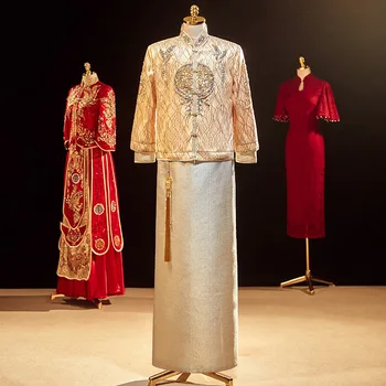 Orientálna Ženích Oblečenie Vintage Šampanské Qipao Čínsky Štýl, Svadobné Šaty Flitrami Lištovanie Cheongsam Manželstva Oblek