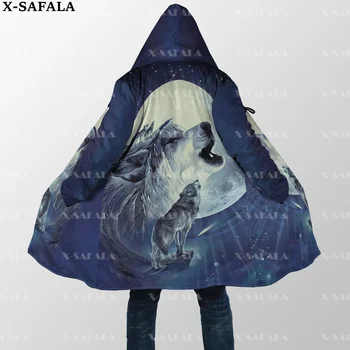 Osamelý vlk spln Noc Kabát Kabát 3D Vytlačené Hrubé Teplé Plášť s Kapucňou pre Mužov Vetru Unisex Fleece Bežné-39