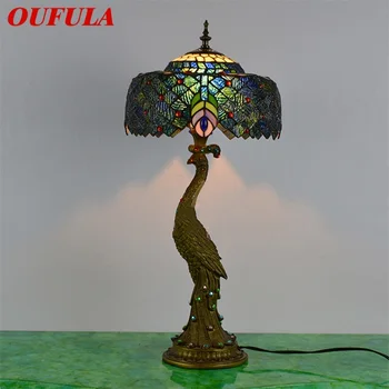 OUFULA Tiffany stolná Lampa Páva Moderné Retro Tvorivé Dekorácie LED Svetla Pre Domov