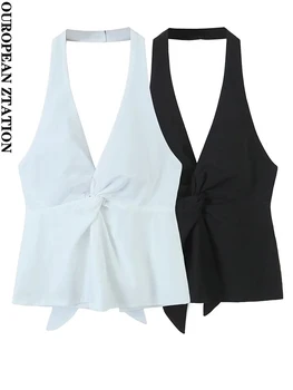 PAILETE Ženy 2023 módy s viazaná saténové blúzky vintage plavky s uväzovaním za krk bez rukávov ženské košele blusas elegantné topy