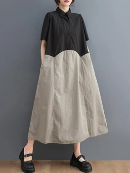 Patchwork Kontrast Farieb Tričko Šaty Pre Ženy, Nový Kórejský Módne Krátky Rukáv Voľné Bežné Vintage Šaty, Oblečenie Letné 2023