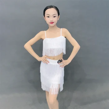 Plné Biele latinskej Lemovaný Top Sukne Pre Dievčatá latinskej Tanečnej Súťaže Kostým Detský Chacha Tango Salsa Tanečné Oblečenie SL8266