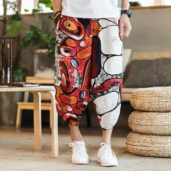 Pánske letné hárem nohavice bielizeň ostrihané nohavice voľné reďkovka nohavice Čínsky štýl bloomers veľké veľkosti šortky
