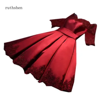 ruthshen Reflexné Ša Burgundsko Ružové Šaty Ples Koleno Dĺžke Appliques Party Šaty Rameno Formálne Šaty Krátke Rukávy