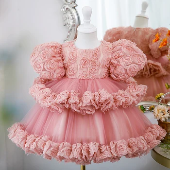 Ružová Kvetinová Princezná Vrstvený Šaty O-Krku Lístkového Rukáv Výkon Šaty Deti Formálne Prom Šaty Svadobné Party Vestidos