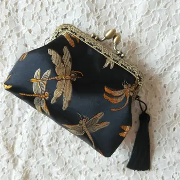 Stratené v Vintage Dragonfly Perie Mince Taška Dizajn Brocade Textílie BClutch Zlato Kiss Lock Spona s Strapec Prívesok Svadobné Taška