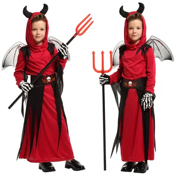 Strašidelné Červené Horn Diabol Devilkin Kostýmy pre Deti Dieťaťa Chlapci Dievčatá Demon Kostým Kostým Maškarný Plášť Hallowee Vytvoriť Priečinok