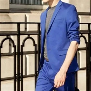 Street Style Modrý Kostým Homme Muži Obleky Pre Svadobné 2Piece(Bunda+Nohavice)Terno Masculino Ženícha Sako Terno Tuxdeo