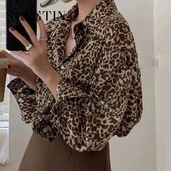 Sungtin Vintage Leopard Bežné Ženy Tričko Nadrozmerné Módne Office Lady Chic Blúzky, Košele Šifón Mäkké Kórejský Voľné Clothings