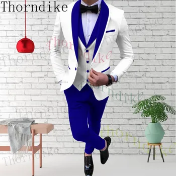 Thorndike Kráľovská Modrá Šatka Klope Bežné Tuxedos Pre Svadobné Groomsmen Obleky Mužov 2022 (Sako+Vesta+Nohavice) Pánske Obleky 3 Ks