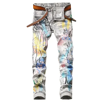 Trendy pánske šedé vytlačené kríž nohavice, slim fit roztrhané džínsy streetwear muž maľovať graffiti farebné nočný klub strečové nohavice