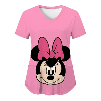 Tričká Letné Top Ženy 2023 Disney Tričko Mickey T-shirt Sestra Jednotné tričká Vrecku Topy V Krku Žena Oblečenie Nemocnice Tees