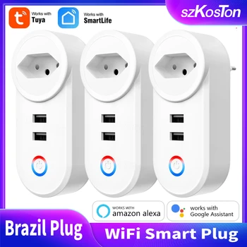 Tuya Wifi Smart Zástrčku Brazília 16A Zásuvka USB Porty Plnenie Kuchynské Domáce Spotrebiče Časovač pre Alexa Google Smart APP Život