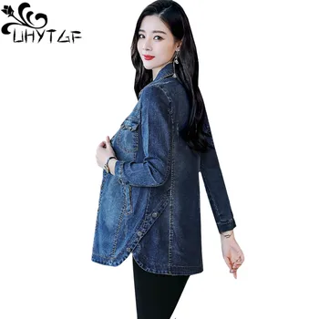 UHYTGF 5XL Voľné Veľkosť Denim Jacket Ženy Móda Vrecku kórejský Bežné Jar Jeseň Džínsy Srsť voľne Žijúcich Elegantné Ženy Outewear 1078