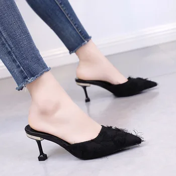 Ukázal prst strapec velvet papuče čierne vysoké tenké päty 2019 hot ženy letné topánky protišmykových obuv pohodlné ženské topánky