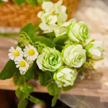 Umelé Silks Kvety Ruže &Harmanček & Skúmie Falošné kytice pre Svadobné Vrchol Kytice Garden Party Tabuľka Domova