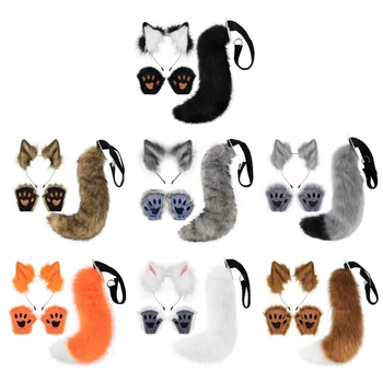Umelú Kožušinu Mačka-Líšky Uši hlavový most s nasadenie Chvosta Chvost Líšky-Mačka Uši Packa Rukavice Chvost Halloween Cosplay-Rekvizity