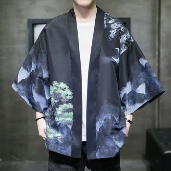 V japonskom štýle Kimono Tradičné Oblečenie Mladých Mužov Retro Žeriav Horúce Lisovanie Neformálne Stretnutie Priateľov Cardigan Kimono