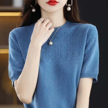 V prvej línii ready-to-wear 100% sveter žien okolo krku päť rukávy duté pleteniny klesnutie tričko, pulóver cashmere sveter