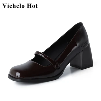 Vichelo Hot gladiator topánky plytké hovädzie kože víno farba štvorcové prst priedušná hrubé vysoké podpätky retro móda a ženy čerpadlá l1f2